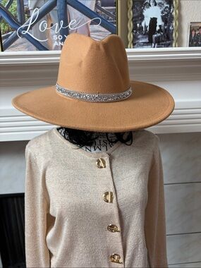 Women's Tan Wide-Brim Fedora with Rhinestone Band